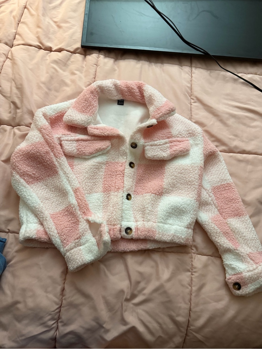 SHEIN Pink & White Plaid Teddy Sherpa Jacket